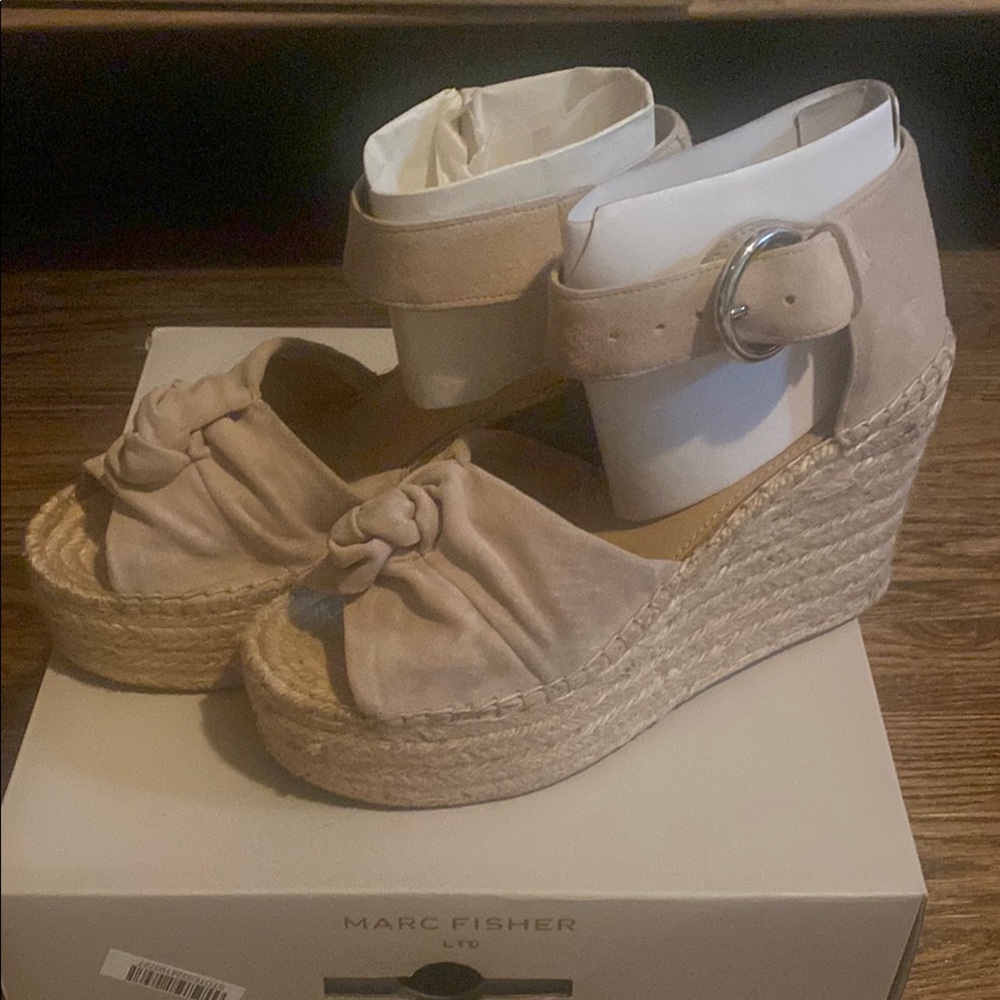 Marc Fisher Anty Espadrille Wedge Sandal in light tan suede
